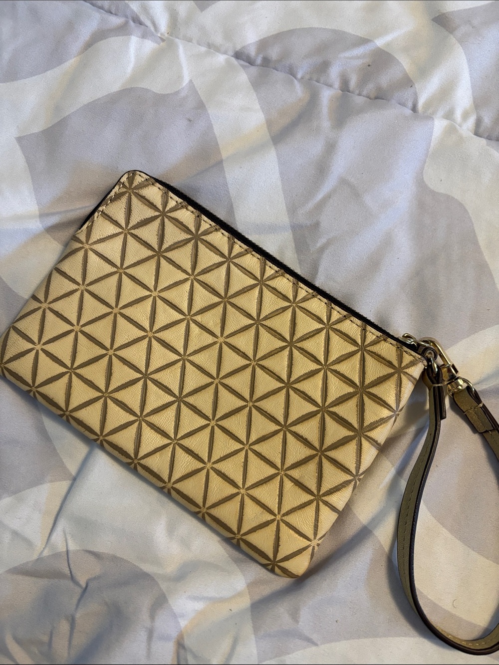 Geometric Beige Wristlet Clutch with Gold Accents